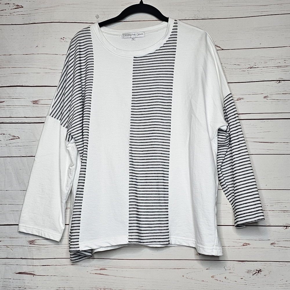 Christopher Calvin White and Black Stripe Detail Sweatshirt